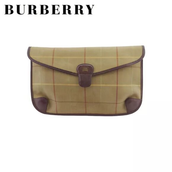 BURBERRY Clutch Bag Check Khaki Canvas x Leather Authentic Used - Picture 1 of 8